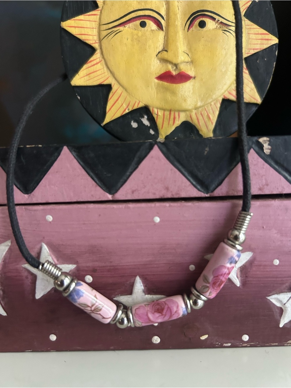 Pink Floral Ceramic Beaded Cord Necklace Y2K Boho Coquette